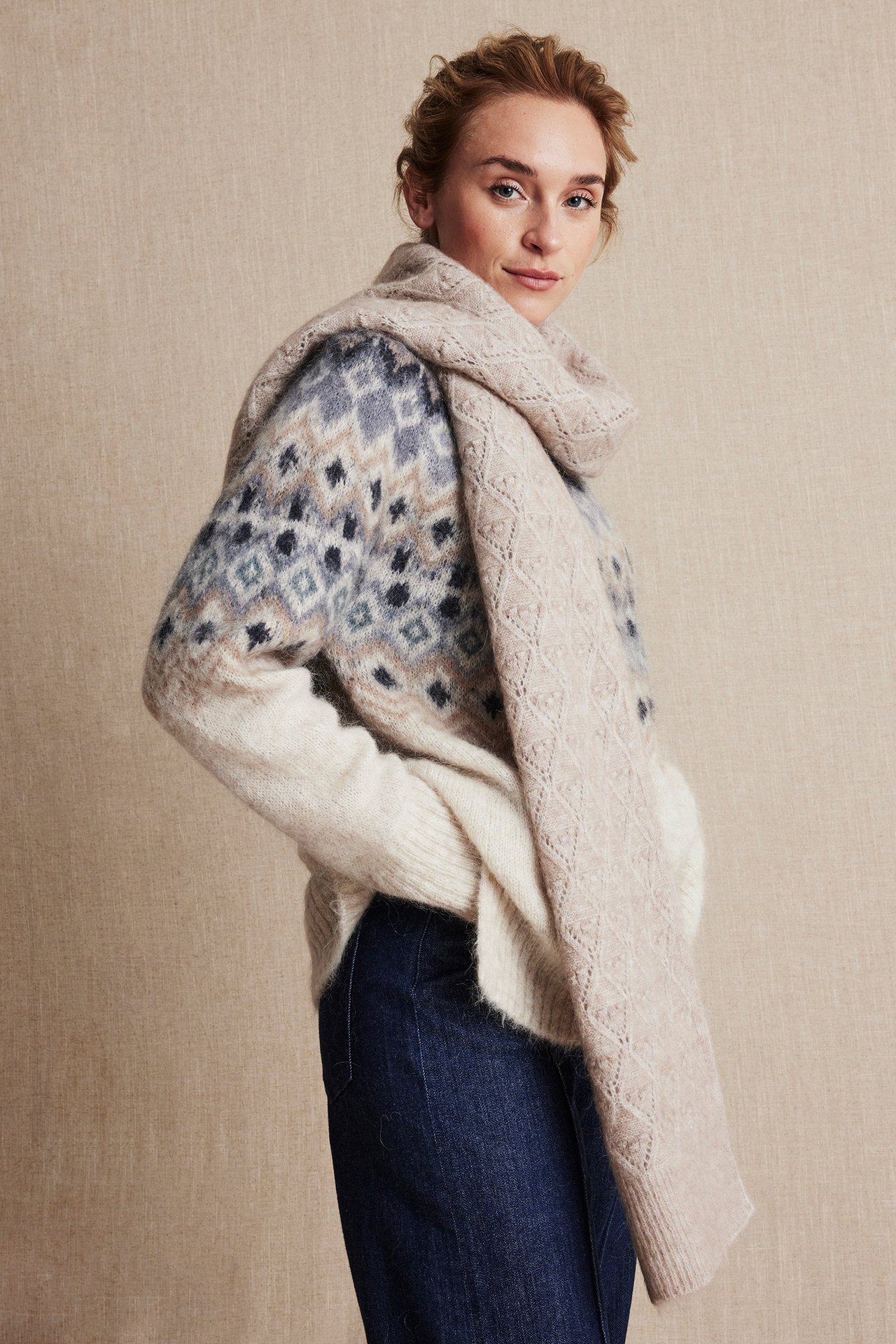 Women's jacquard knitted sweater - Beige mélange - 170cm / Storlek: S - 3