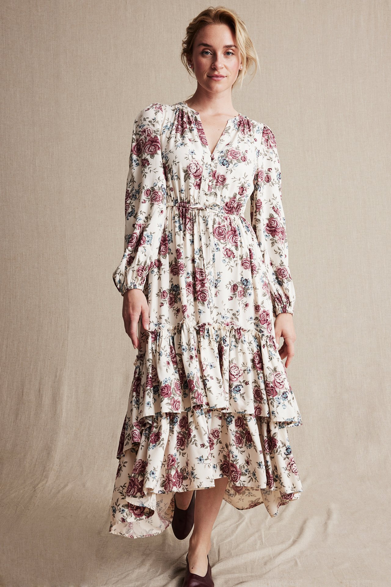 Women's floral viscose dress - Light beige - 1
