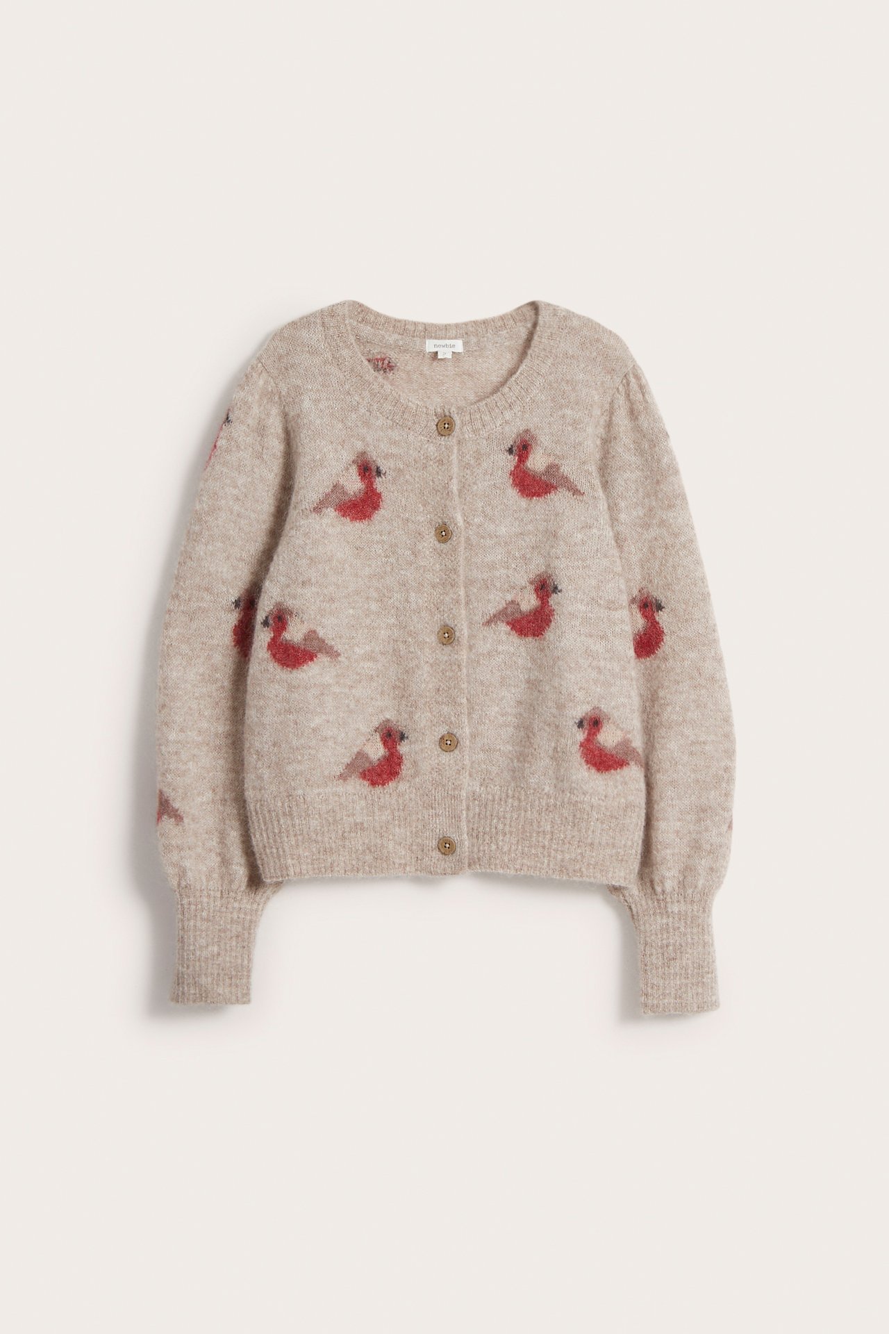 Strickjacke aus Wolle mit Vogelmotiv für Damen - Beige meliert - 8