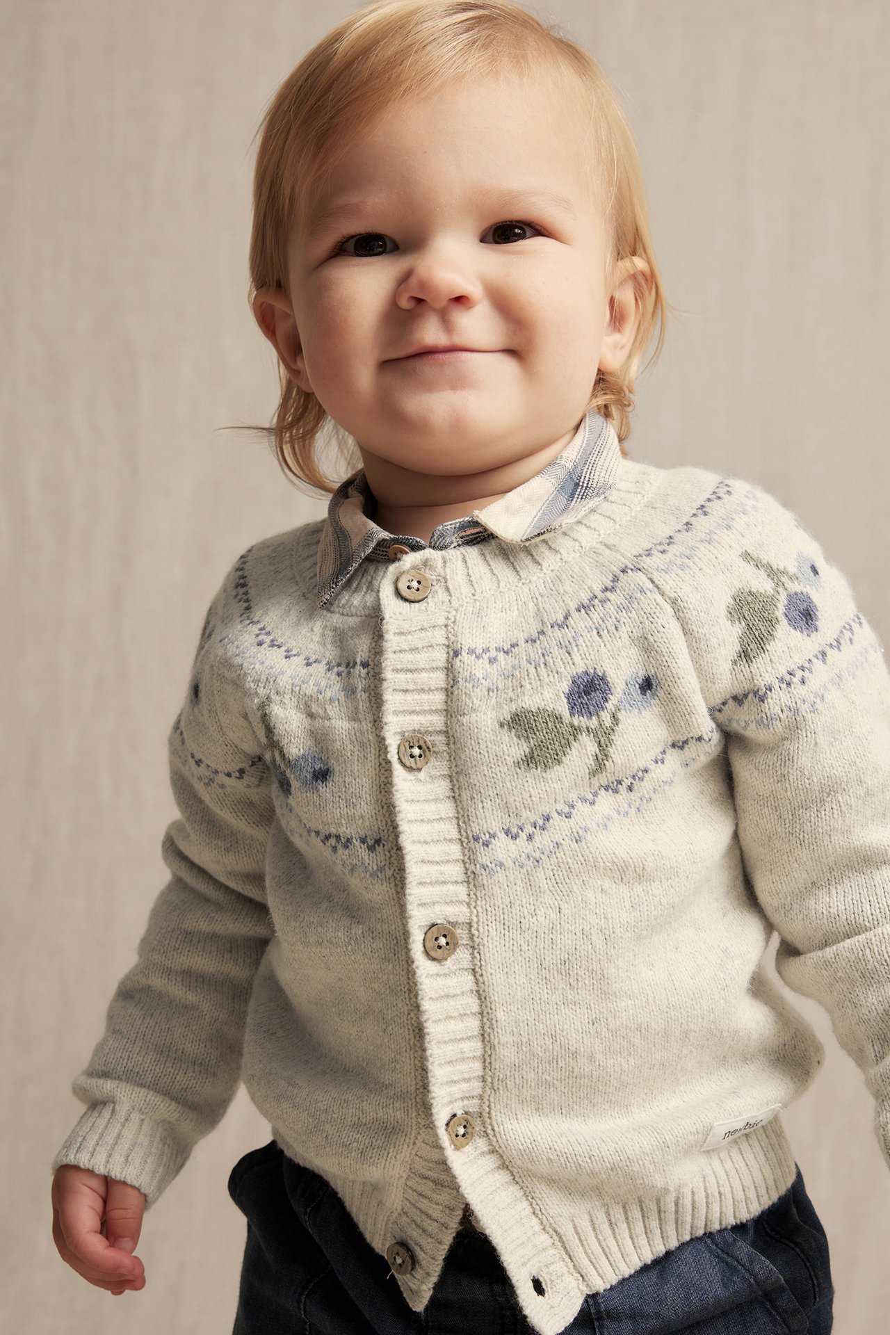 Jacquard-knitted cardigan in a wool blend - Beige mélange - 1