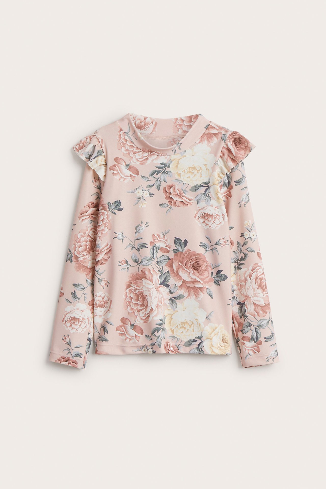 Front view of a kid's pink floral long-sleeved UV top with a high neck and shoulder ruffles.