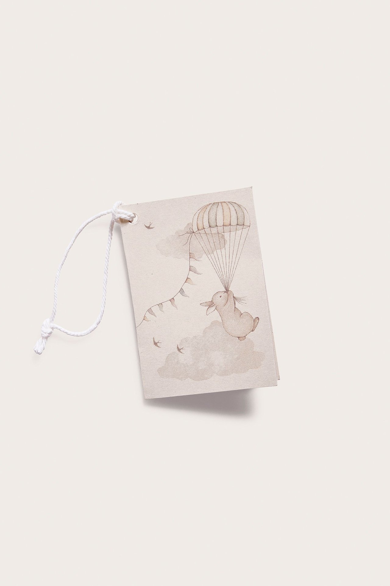 Vorderansicht: Off-weißes Papier-Geschenkkärtchen mit Kaninchen- und Heißluftballon-Druck, mit weißer Schnur gebunden.