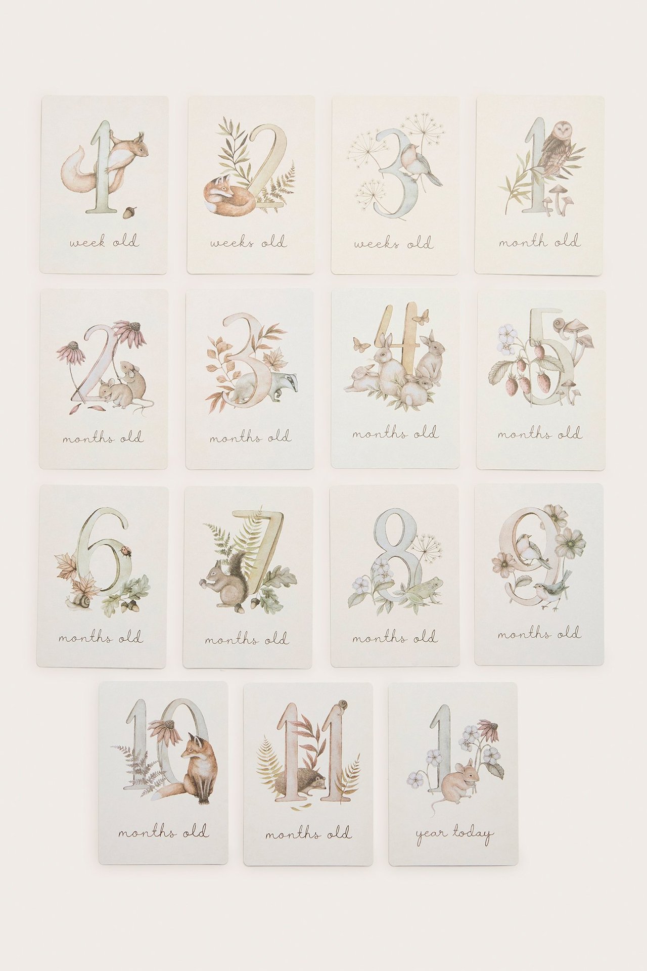 Draufsicht auf cremefarbene Baby-Meilensteinkarten aus Papier mit Tier- und Nummernillustrationen.