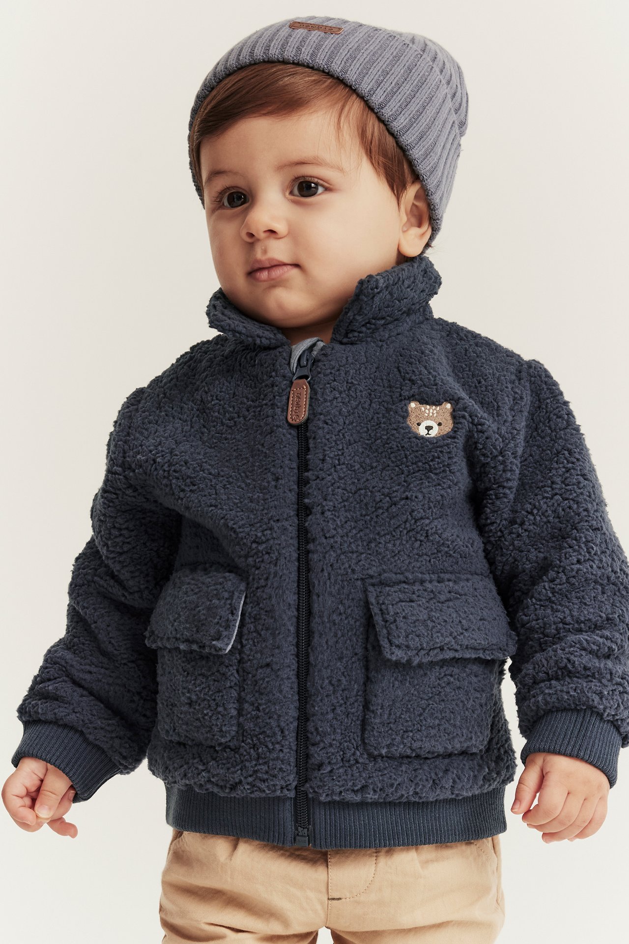 Pile jacket with embroidered teddy bear - Dark blue - 4