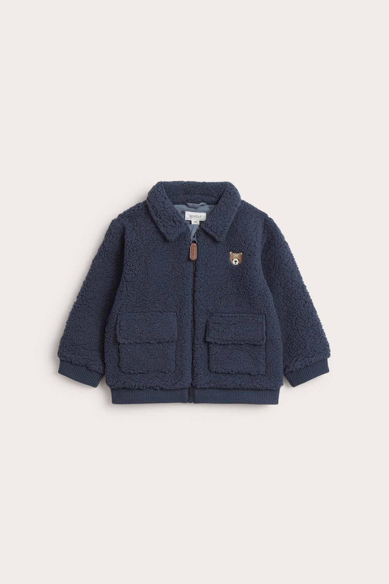 Pile jacket with embroidered teddy bear