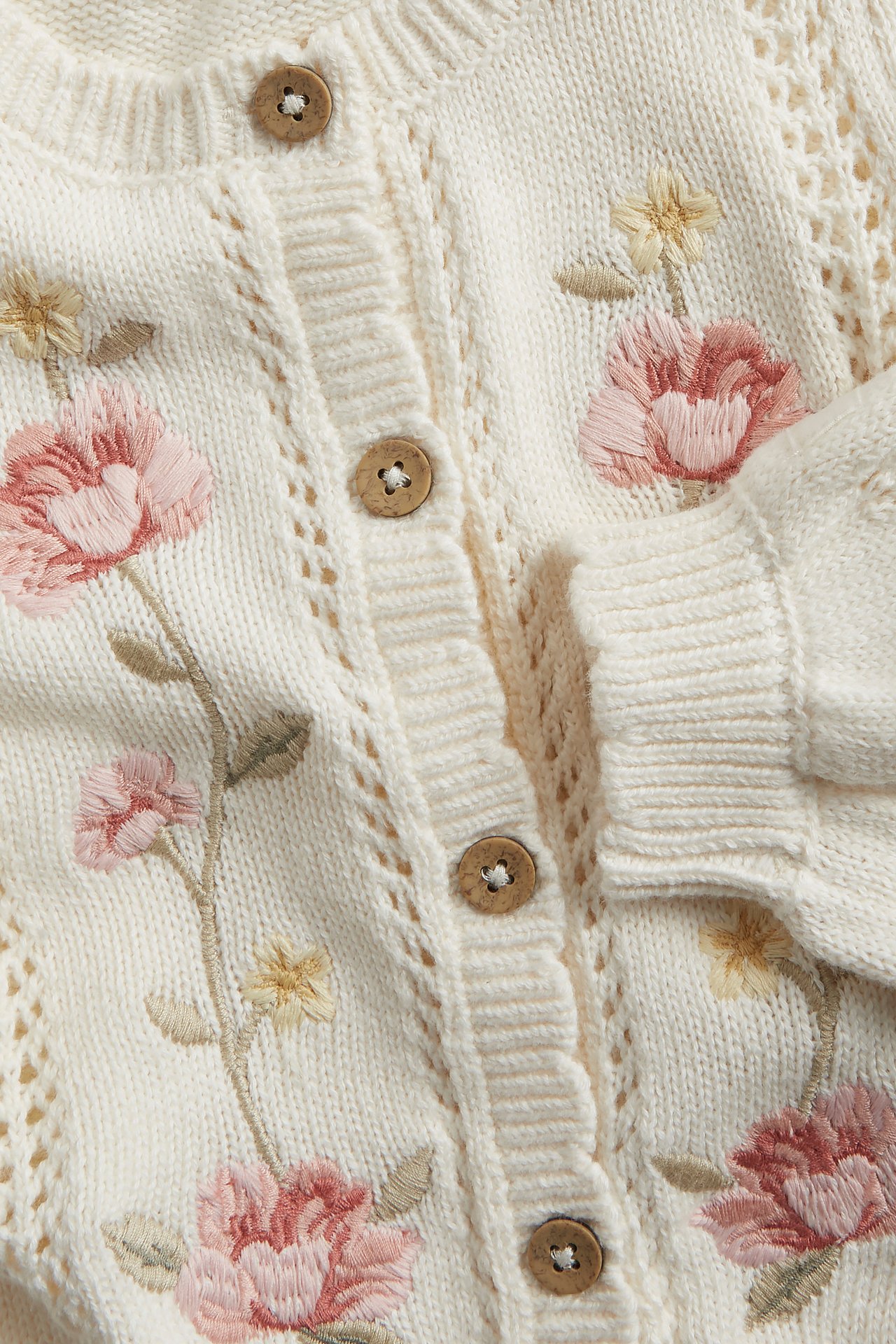 Close-up of an offwhite knit cardigan with pointelle pattern, pink floral embroidery, and wooden buttons.
