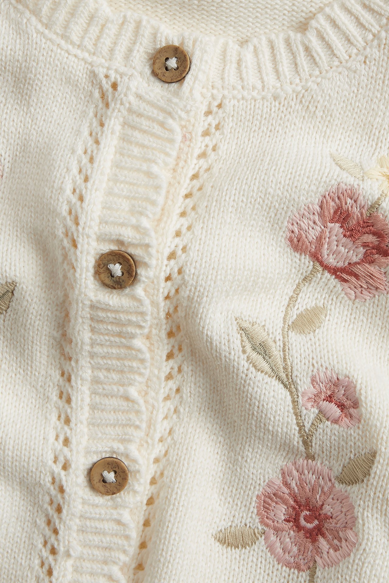 Close-up view of an off-white cotton knitted cardigan with pointelle, floral embroidery, and wooden buttons.