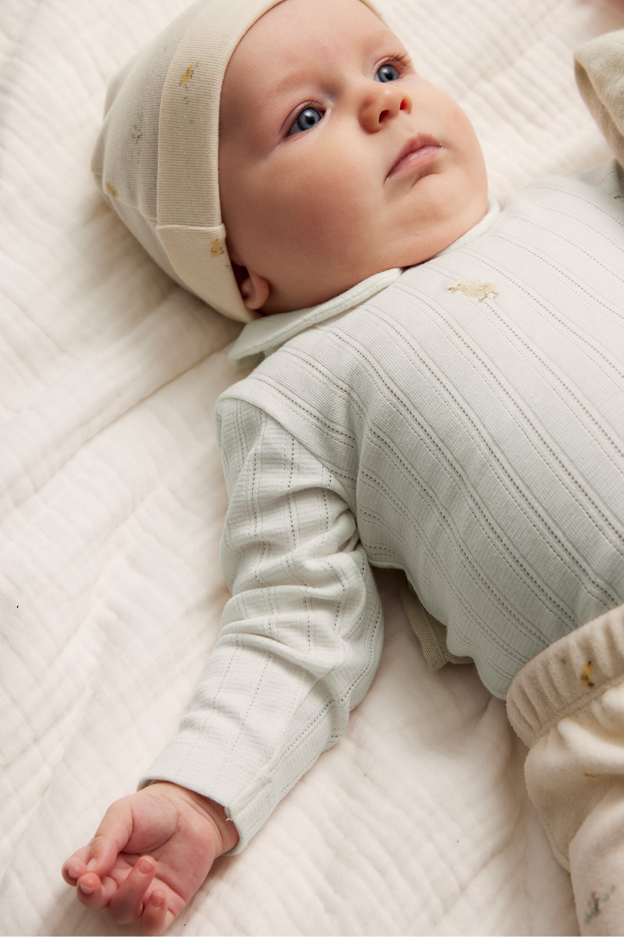 Close-up of a baby wearing an off-white pointelle rib bodysuit with collar and embroidery, matching bonnet and pants.