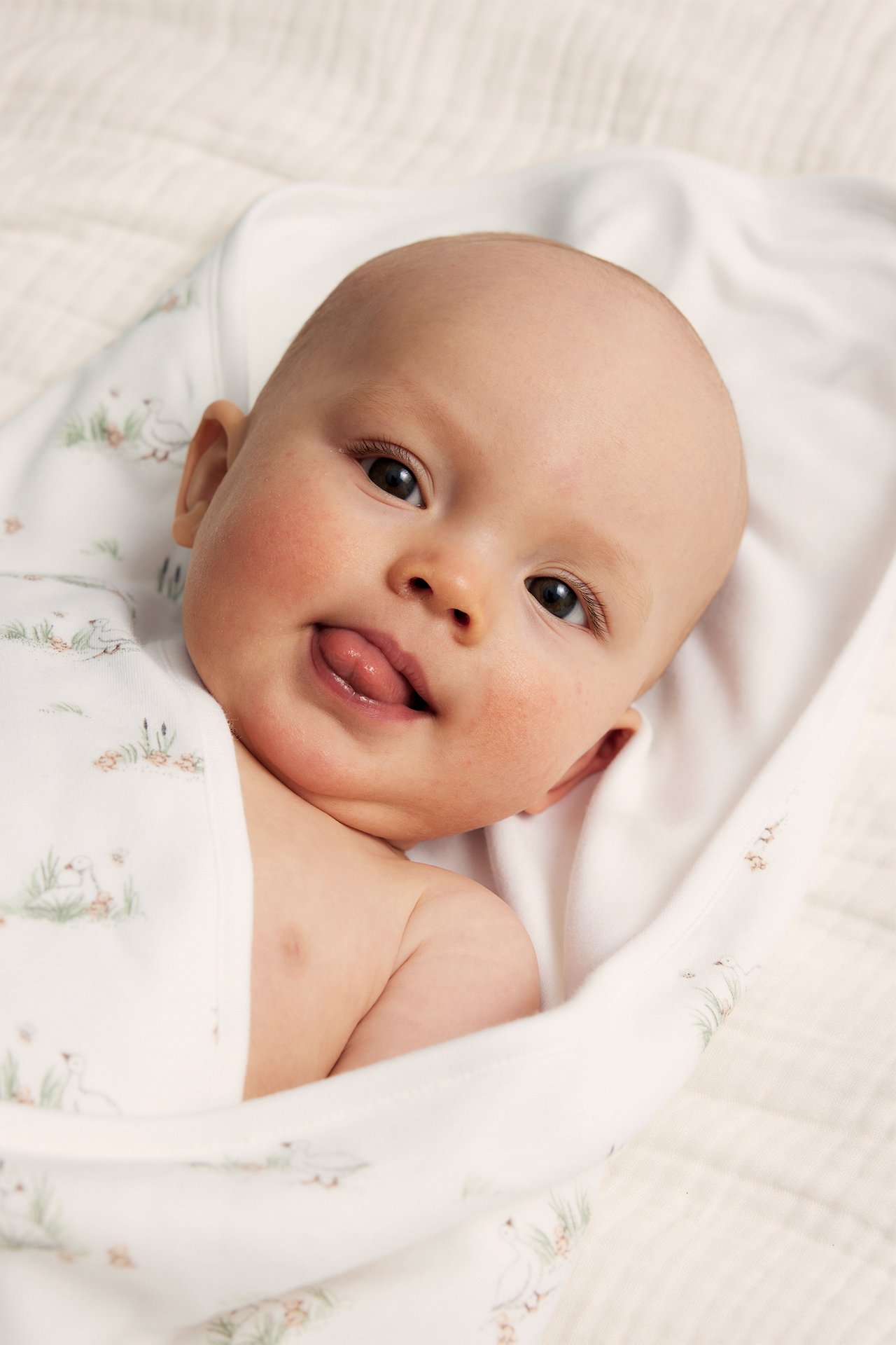 Nahaufnahme eines Babys, eingewickelt in eine cremefarbene Baumwolldecke mit Tiermuster.