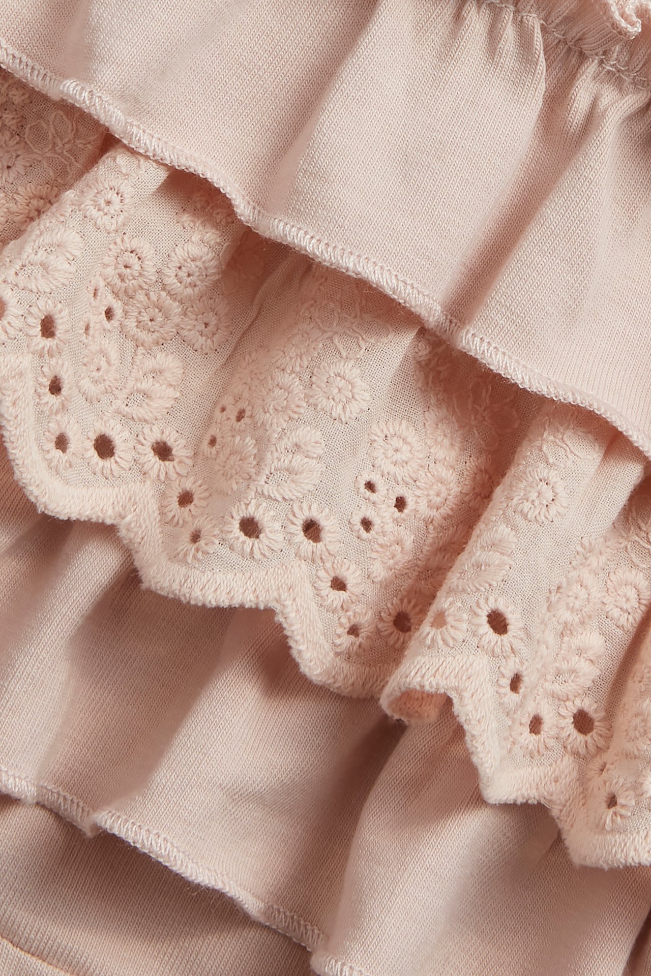 Close-up of light pink baby leggings featuring ruffles and floral eyelet lace detail.