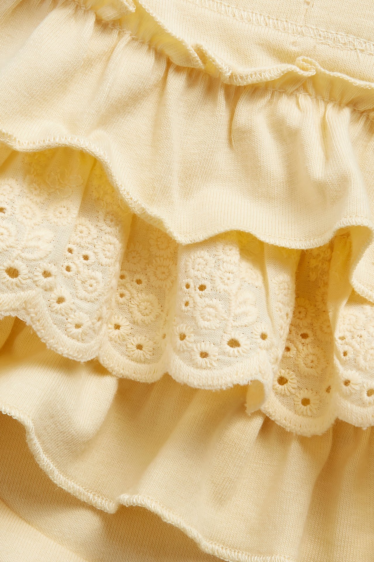 Nahaufnahme von hellgelben Baumwoll-Leggings mit Rüschen und gestickter Spitze.