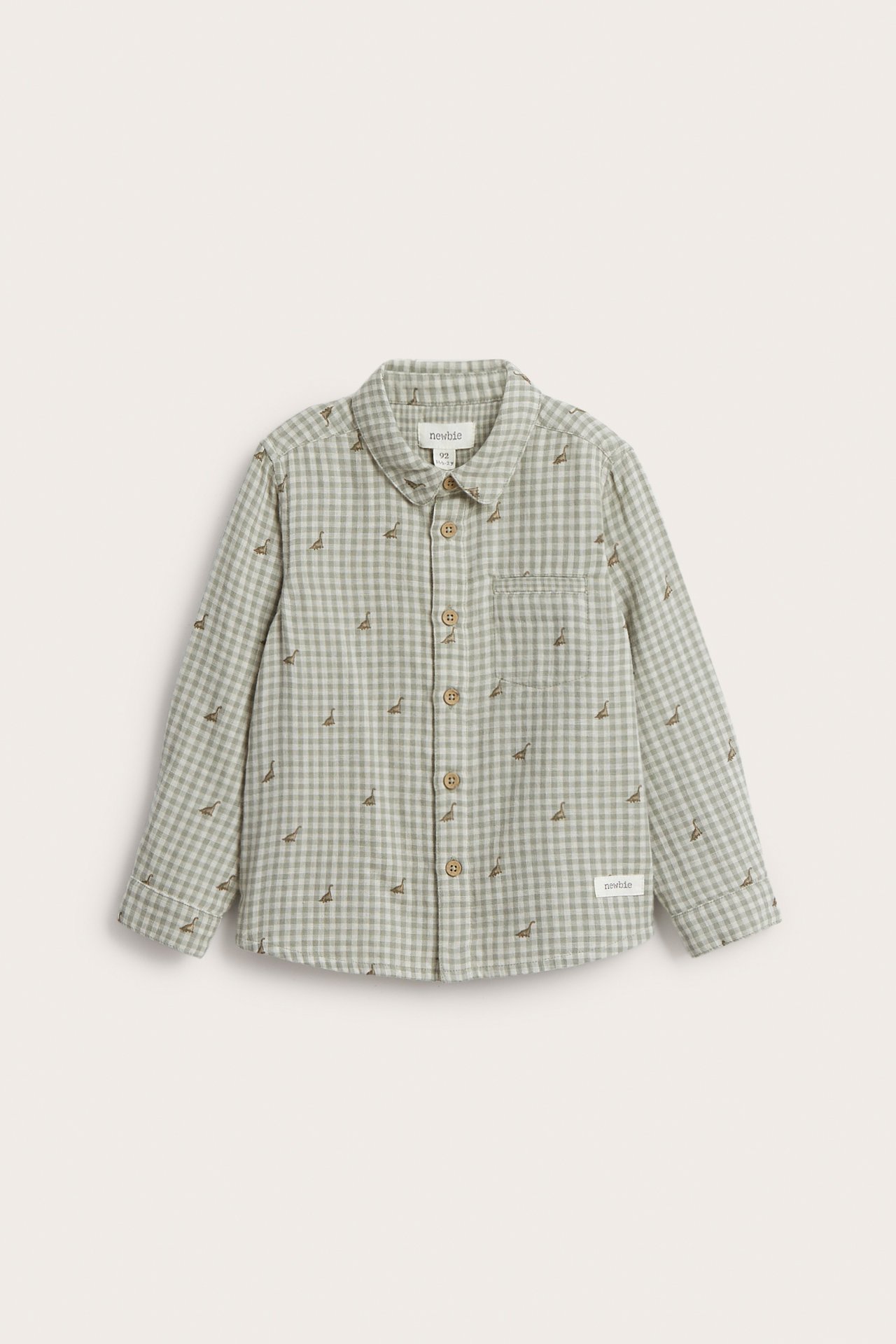 Front view of a kid's light green checked cotton shirt with small embroidered figures, buttons, and a chest pocket.