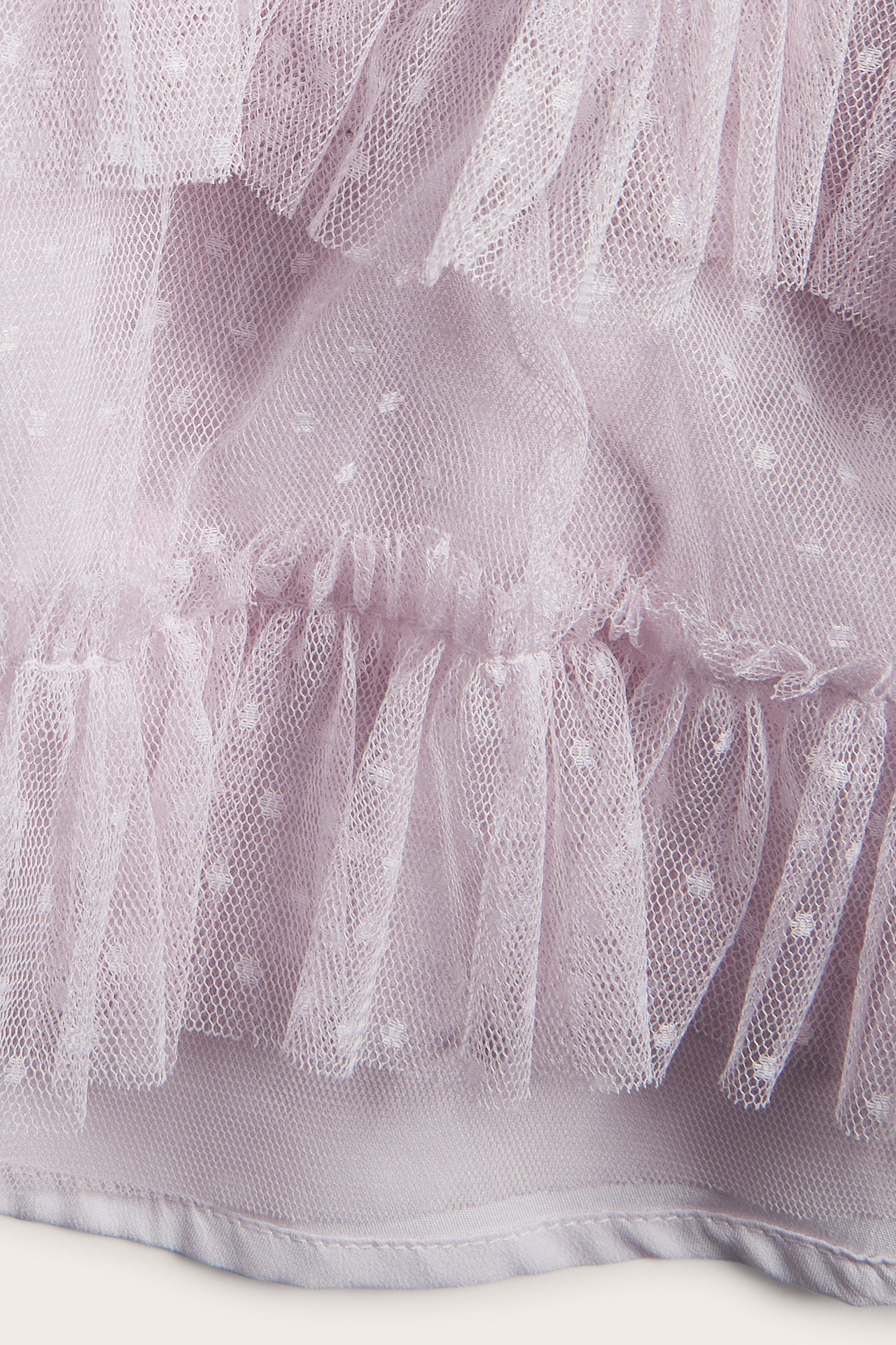 Close-up of a light lilac dotted mesh dress with ruffles.