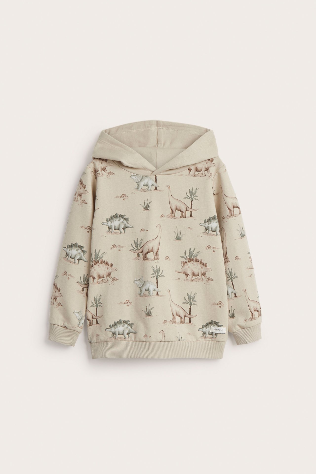 Front view of a kid's beige cotton hoodie with a dinosaur pattern, ribbed cuffs and hem.