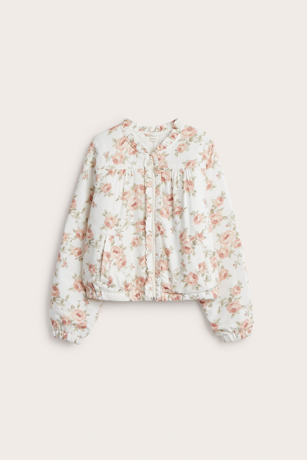 Printed bomber jacket for woman in offwhite with ruffle collar, zipper, and two front pockets.
