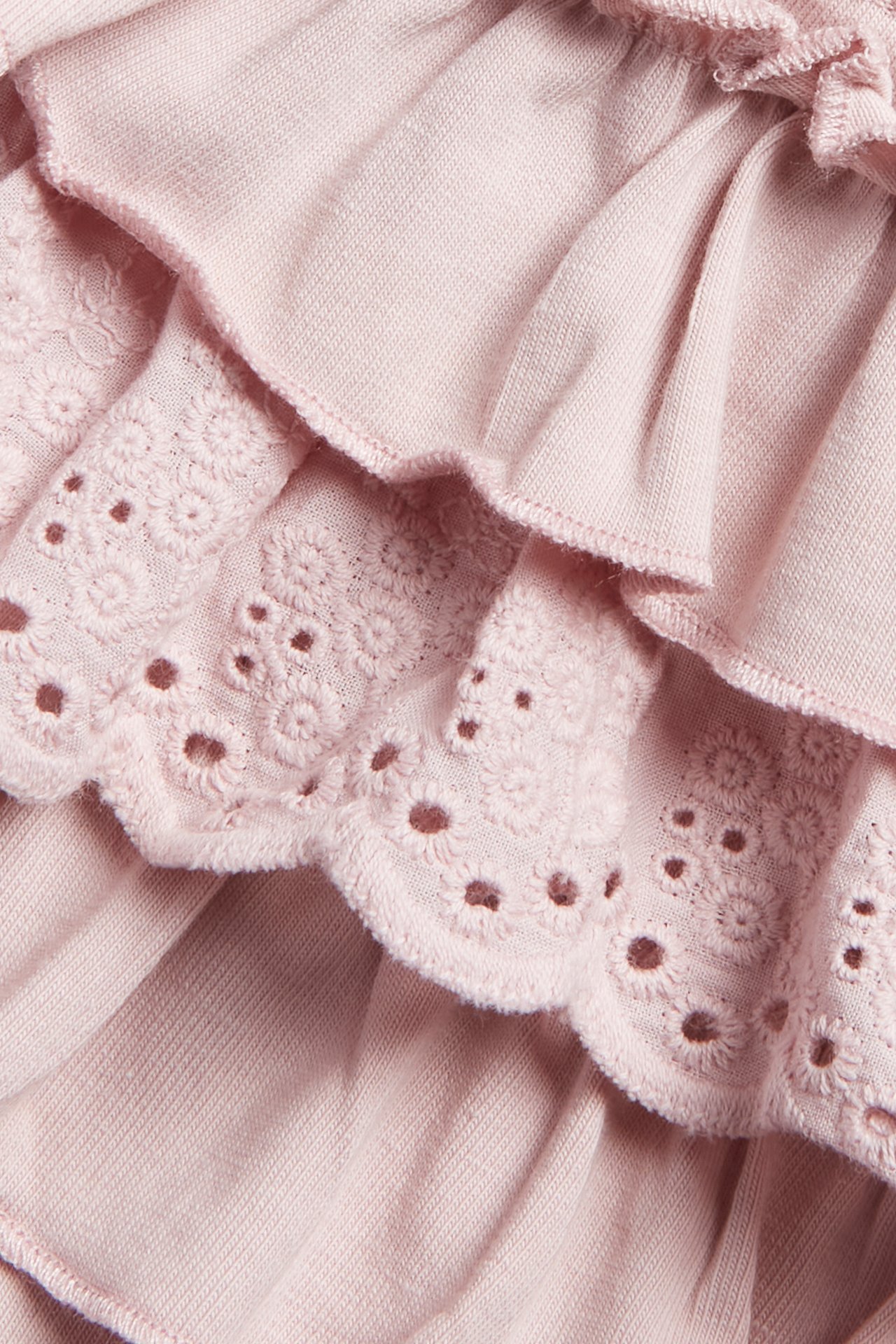 Close-up of pink baby leggings featuring ruffled layers and broderie anglaise.