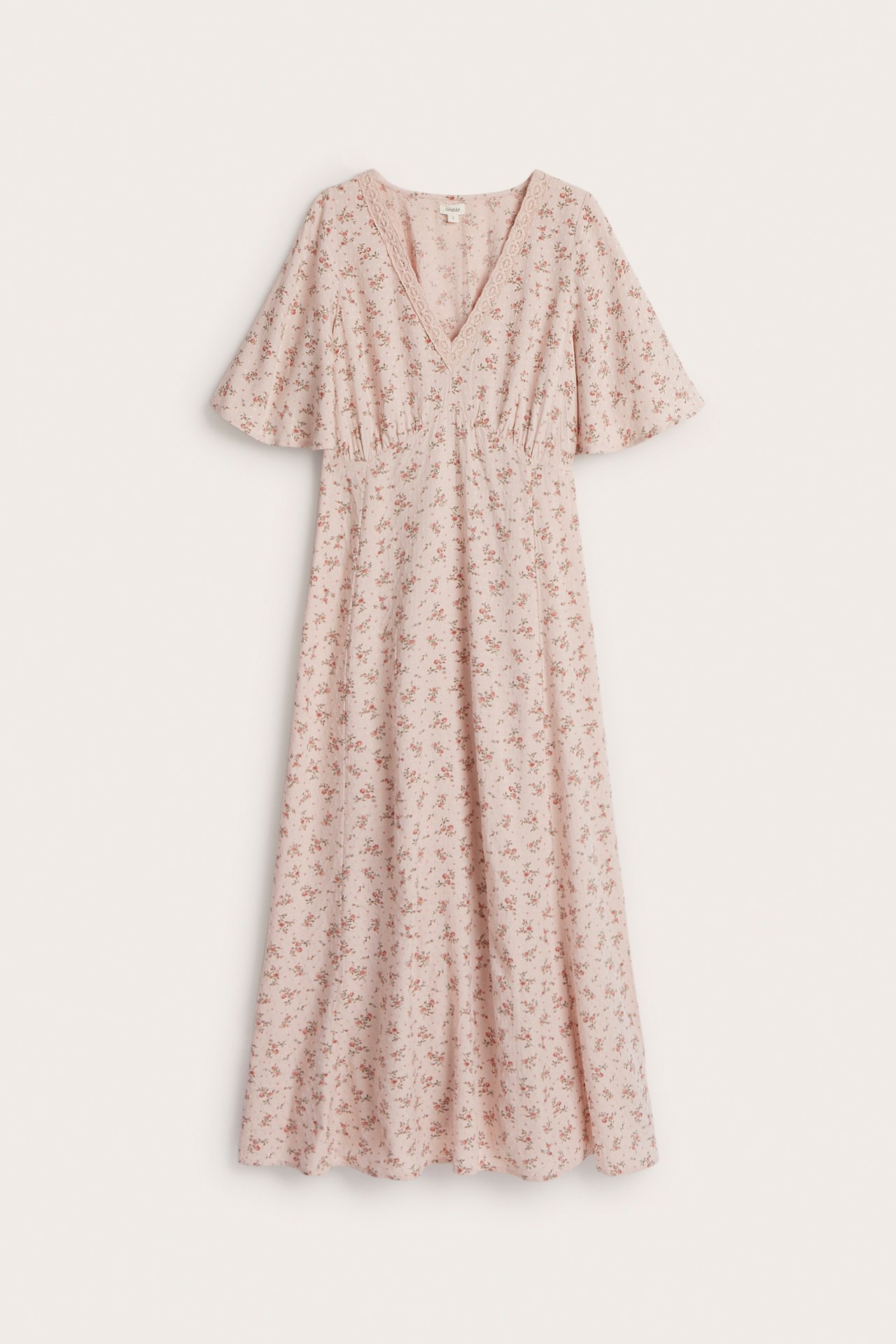 Front view: Light pink floral viscose midi dress with V-neck, lace trim, butterfly sleeves, and flared skirt.
