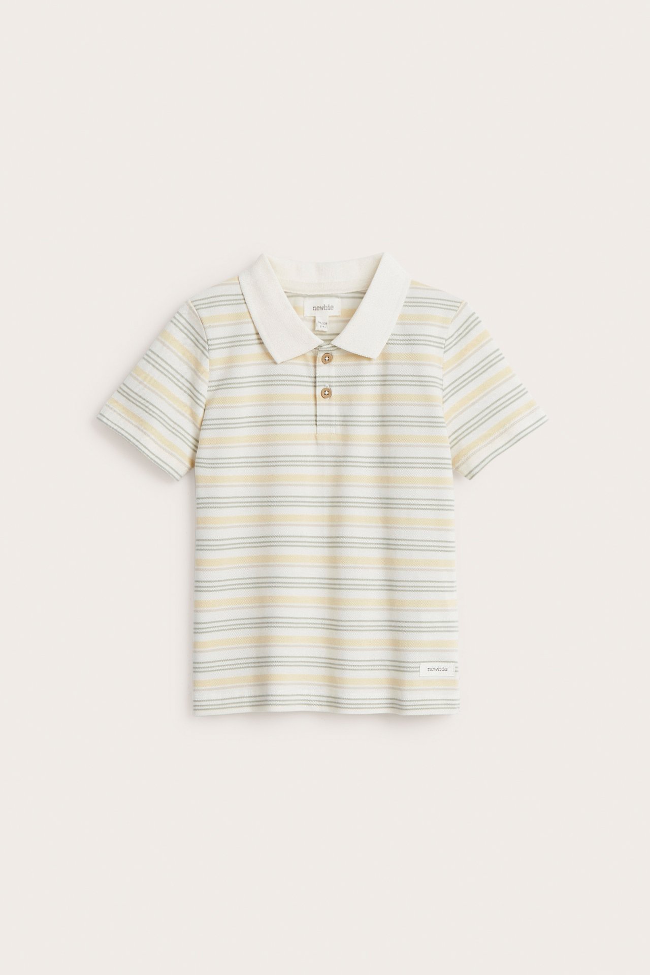 Front view: Kid's off-white striped cotton polo t-shirt with a collar and three brown buttons.