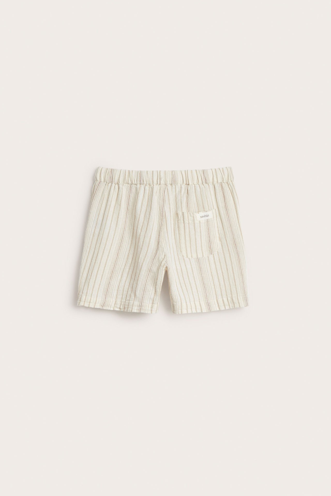 Front view of off-white striped woven cotton shorts with an elasticated waist and a back pocket.