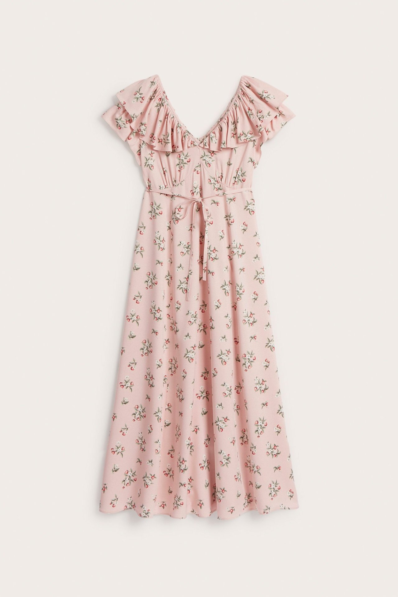 Vorderansicht: Hellrosa Viskosekleid für Damen mit Blumenmuster, Rüschen und Bindegürtel.