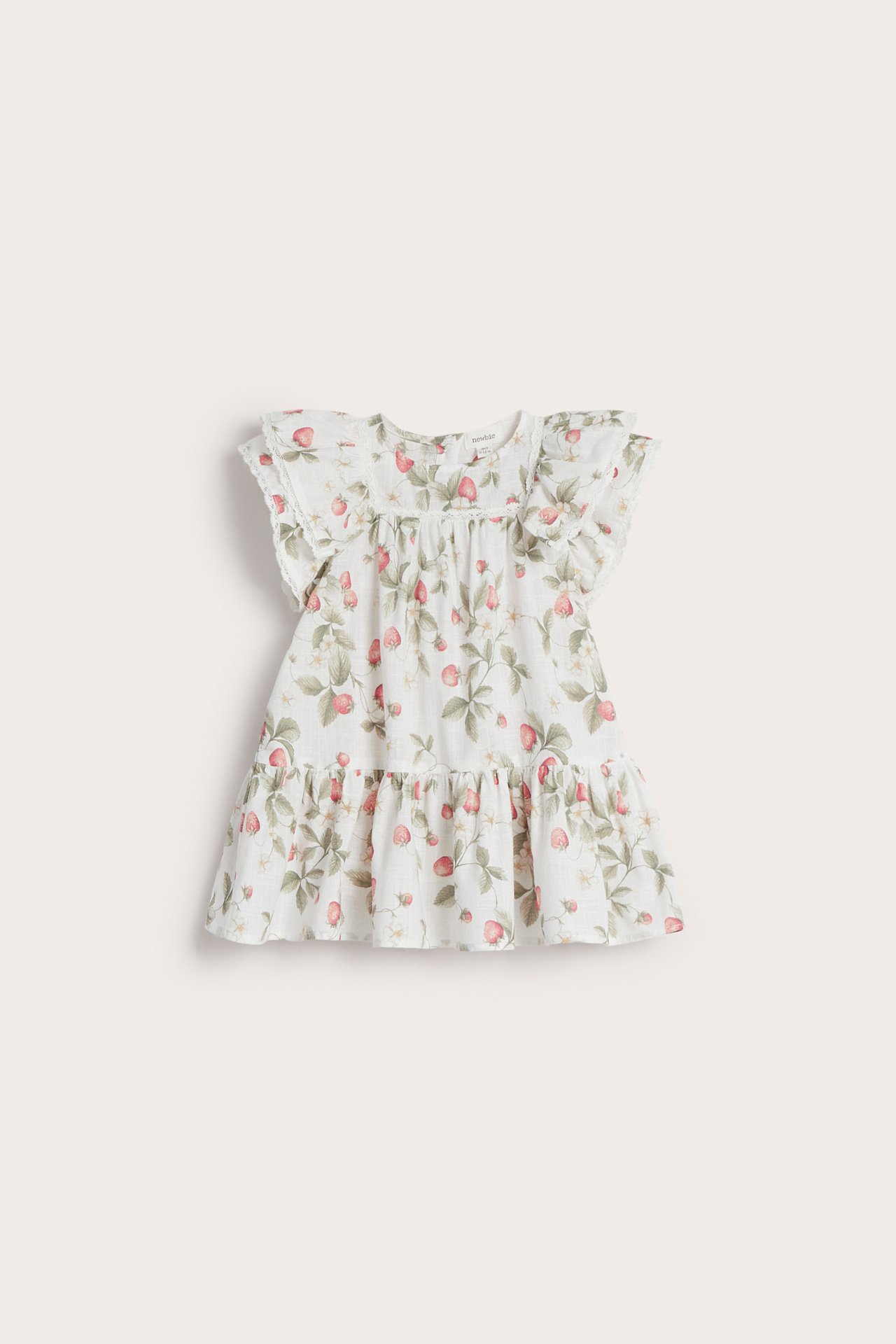 Front view of an off-white baby's cotton dress with a strawberry pattern, butterfly sleeves, and a ruffled hem.