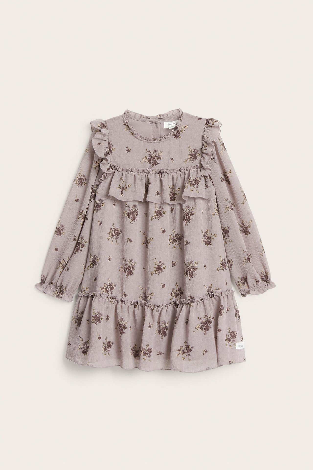 Front view: Kid's light lilac floral chiffon dress with ruffle collar, ruffles, and long elasticated sleeves.