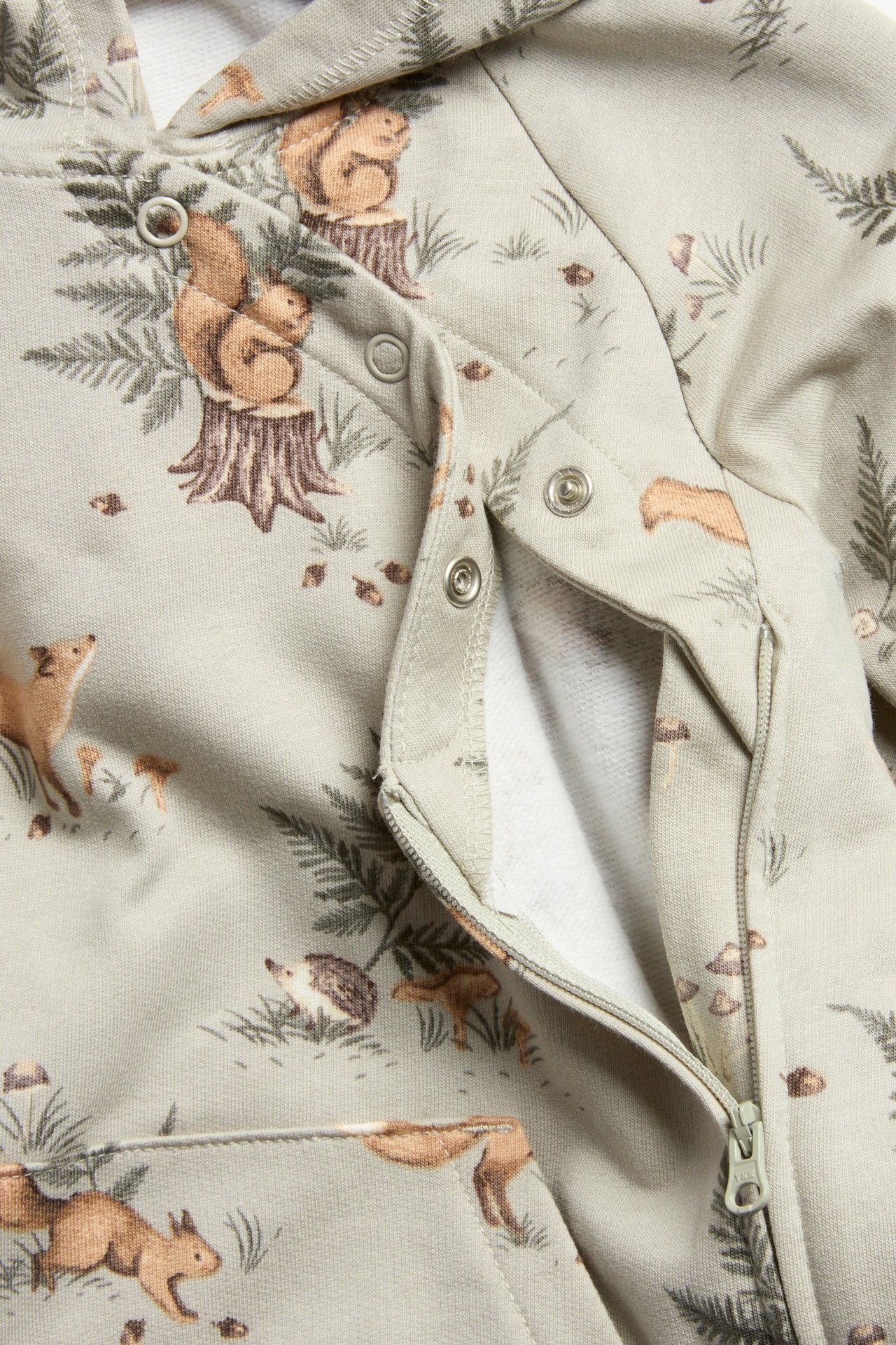 Nahaufnahme eines hellgrünen Baby-Overalls mit Waldtiermuster, Reißverschluss und Druckknöpfen vorne.