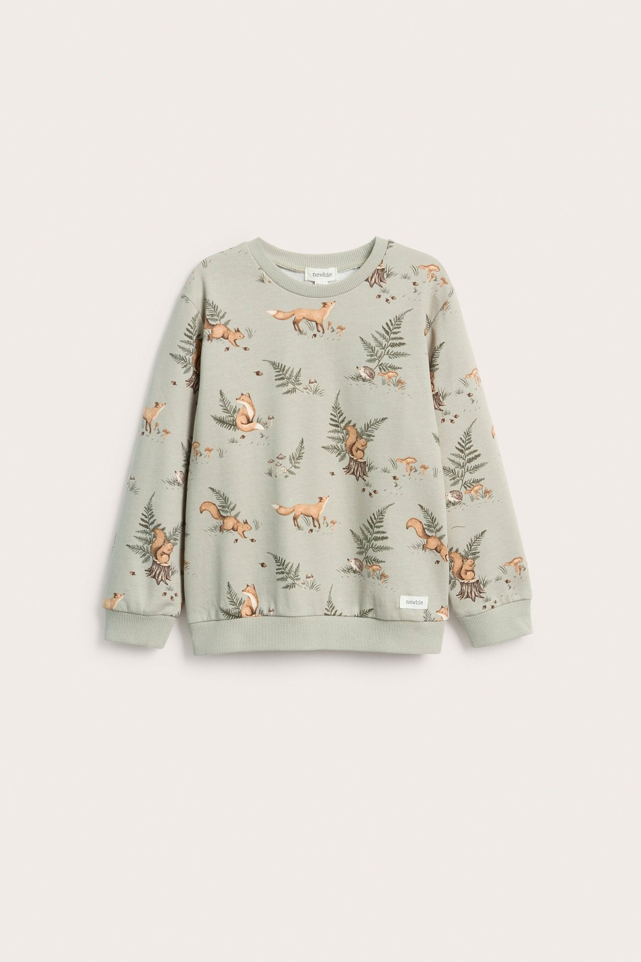 Vorderansicht: Hellgrünes Kinder-Sweatshirt aus Baumwolle mit Waldtiermuster und Rippbündchen.