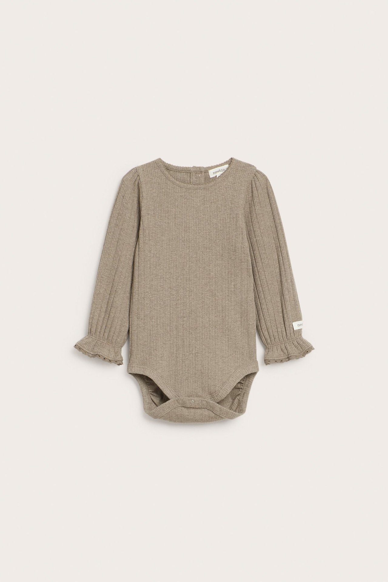 Front view of a baby's brown melange ribbed long-sleeved bodysuit with ruffled lace cuffs and snap buttons.