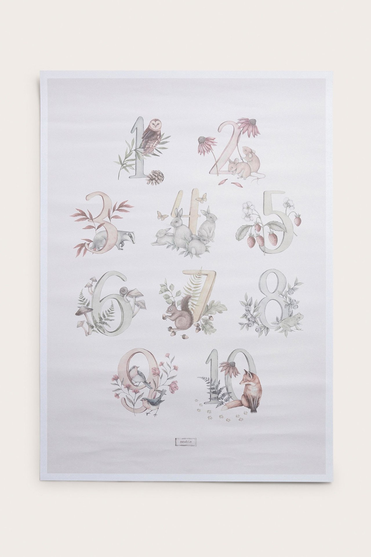 Vorderansicht eines cremefarbenen Posters mit farbigen Tier- und Zahlendrucken von 1 bis 10.