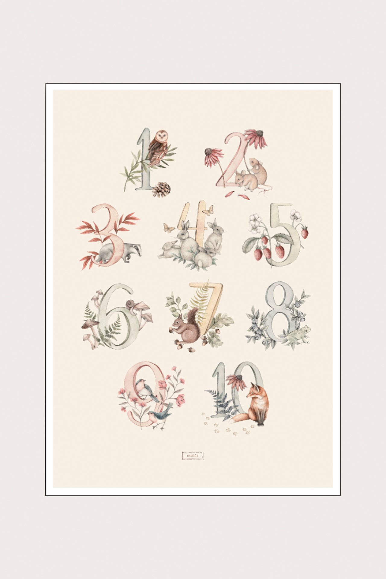 Front view of an off-white 50x70 cm poster with animal and number prints, featuring forest creatures.