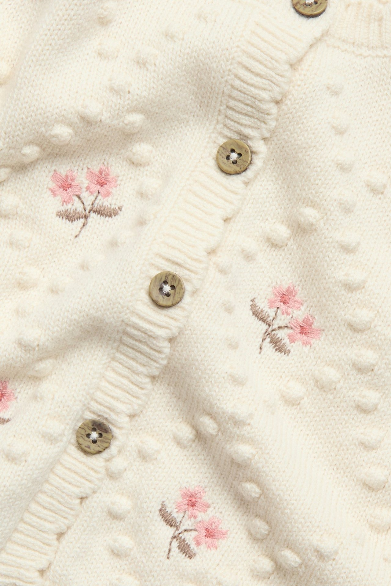 Nahaufnahme einer hellbeigen Wollmisch-Strickjacke mit Strickpunkten, rosa Blumenstickerei und Knöpfen.