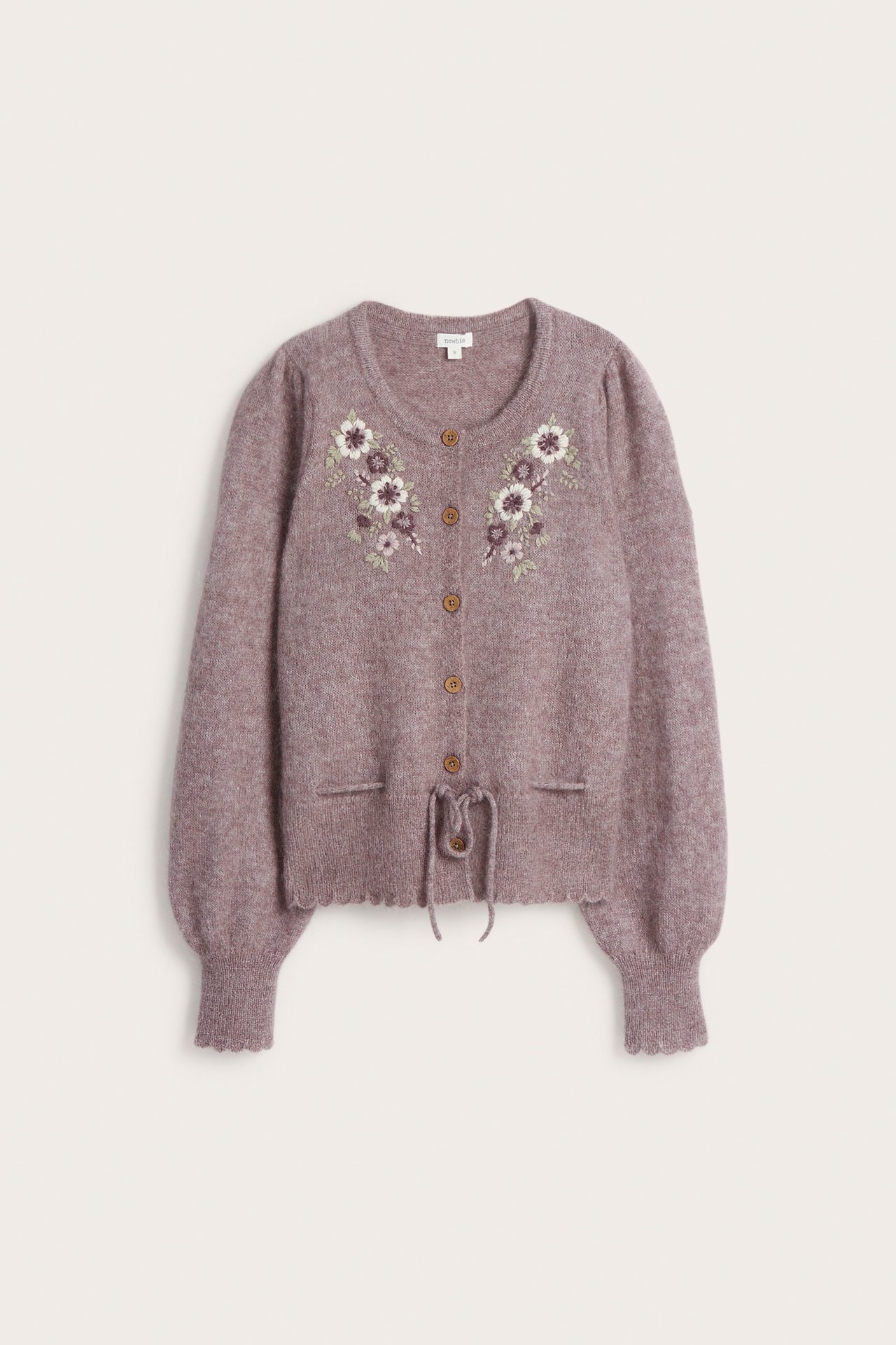 Front view of a woman's lilac wool blend cardigan with floral embroidery, puff sleeves, and a waist tie.