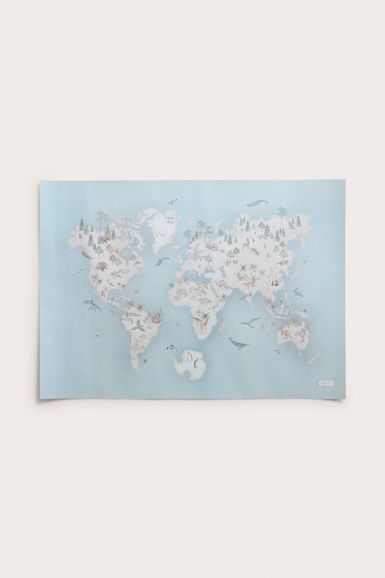Vorderansicht: Ein hellblaues Papierposter mit Weltkarte und verschiedenen Tierillustrationen.