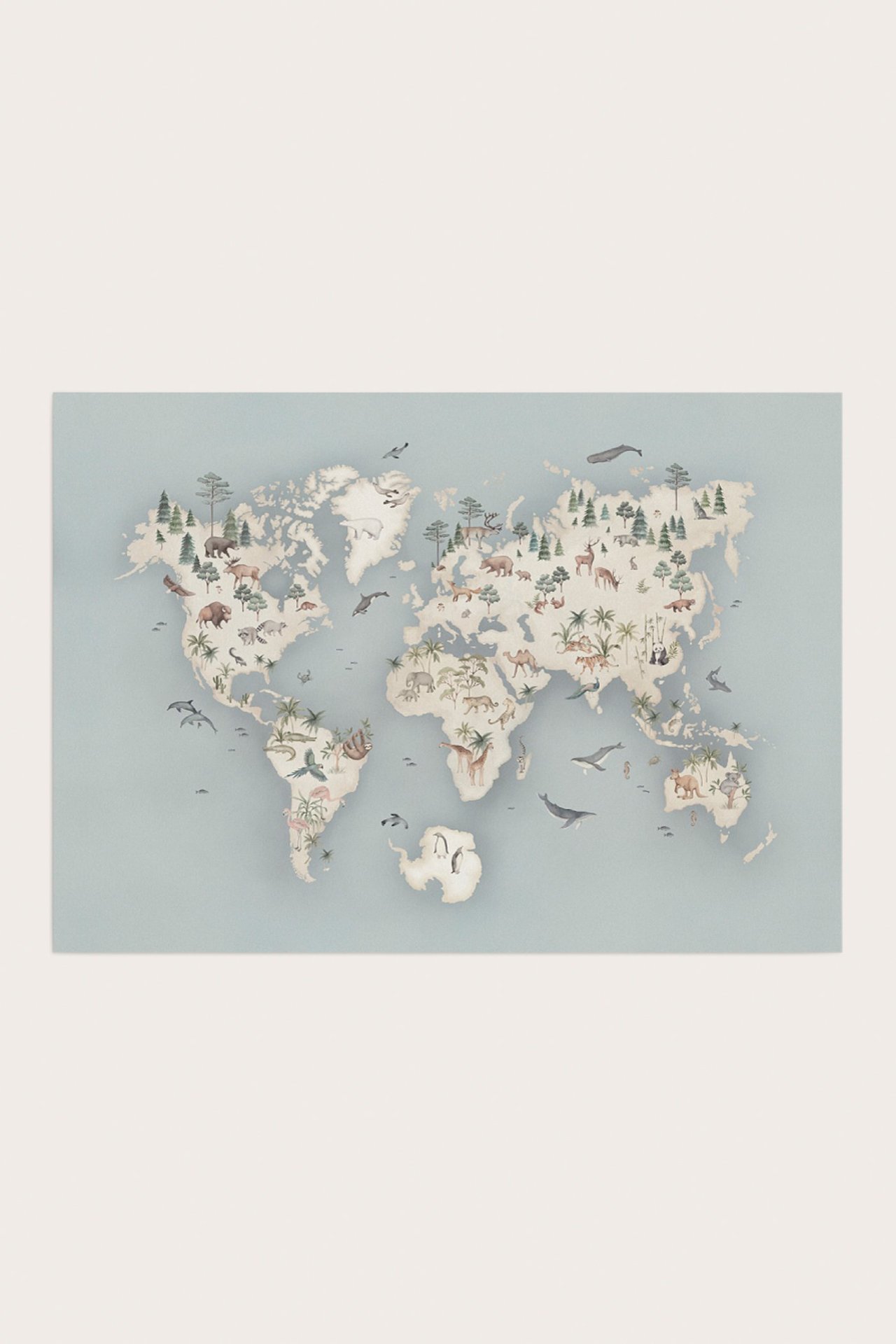Front view of a light blue paper poster featuring a detailed world map with various animal and tree illustrations.