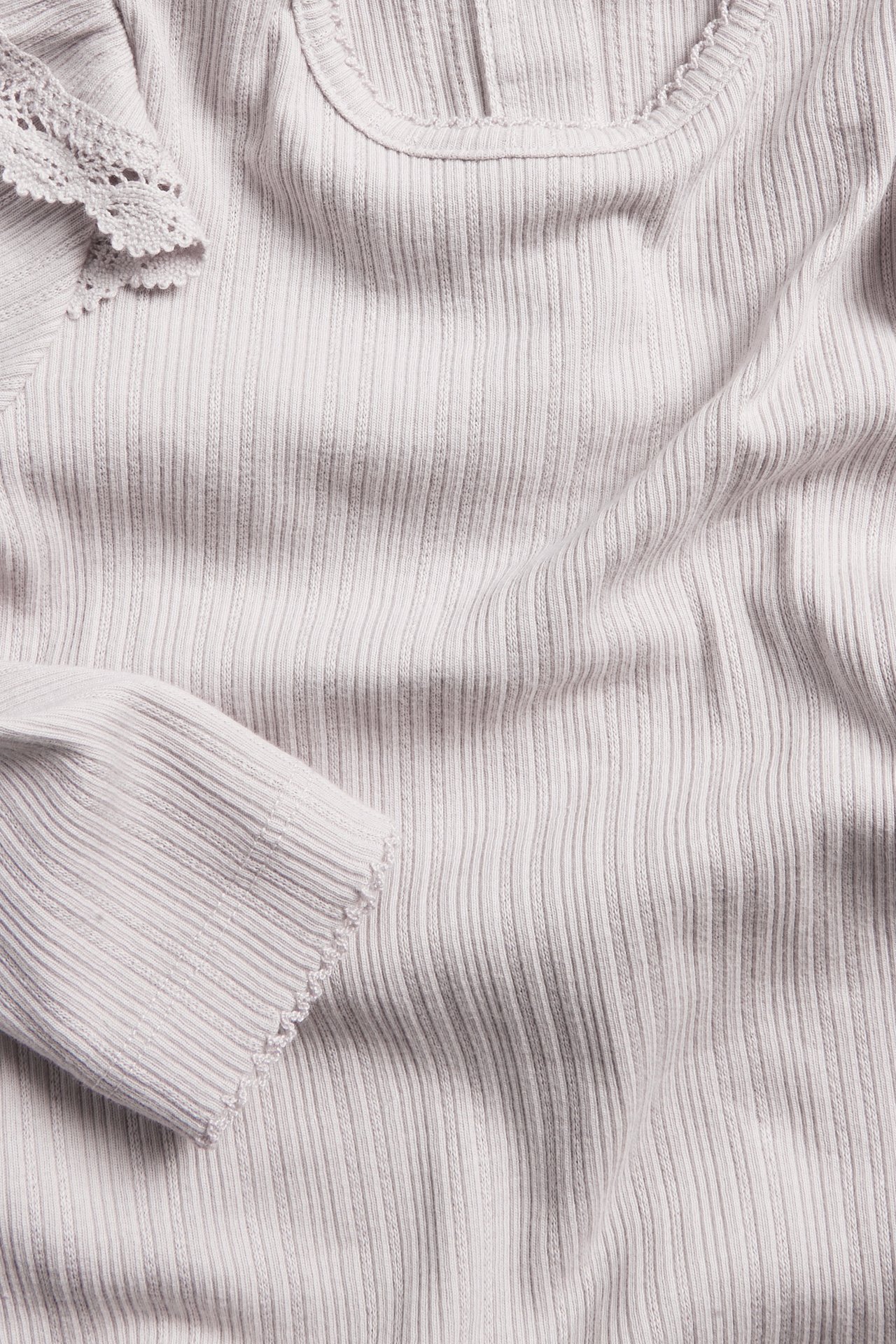 Close-up of a light gray ribbed knit top with a rounded neckline and lace trim.