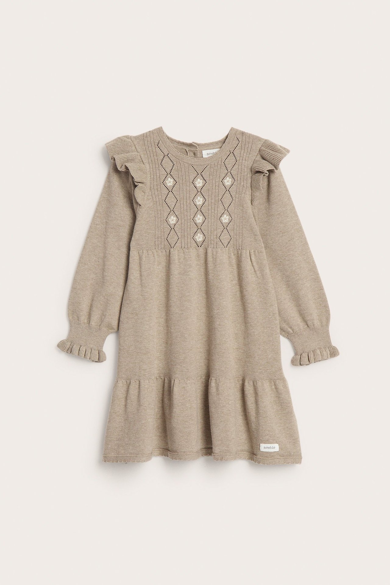 Front view: Kid's brown melange fine-knit cotton dress with ruffled shoulders, patterned knit, and embroidery.