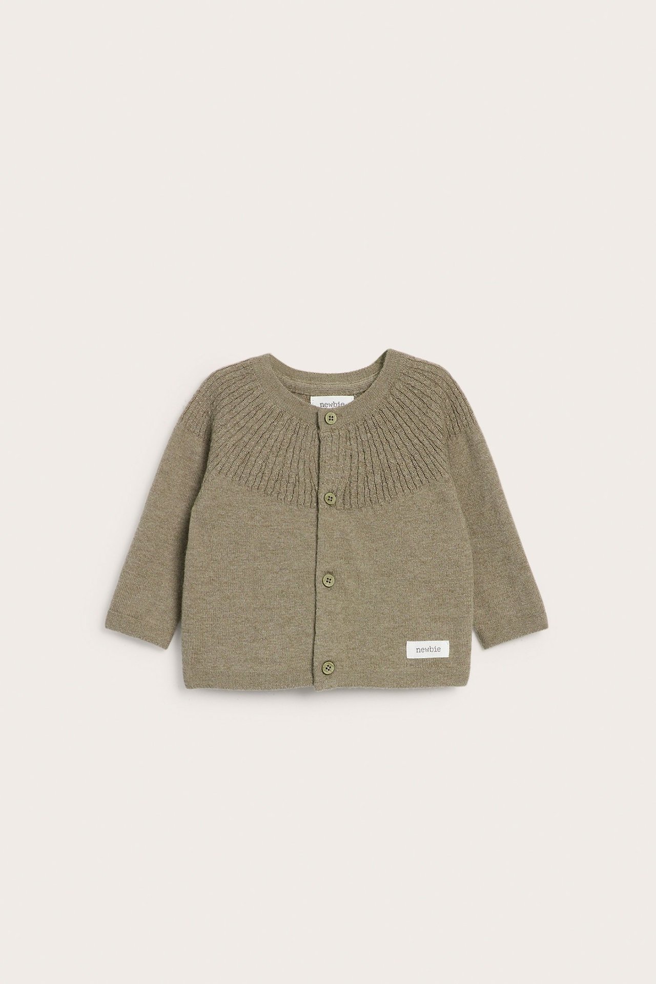 Front view of a baby's brown melange knitted cardigan with ribbed yoke and front button fastening.