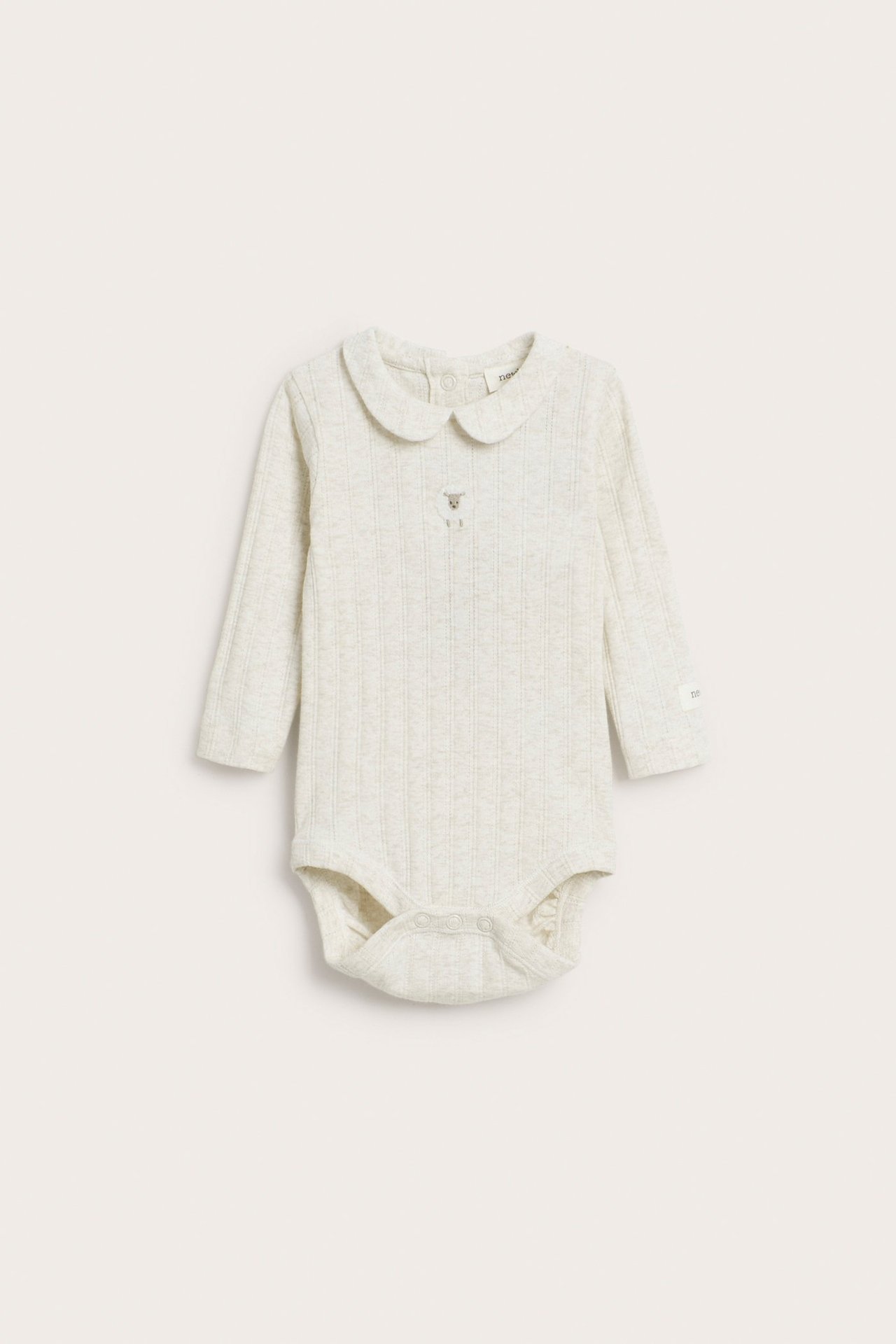 Front view of a baby's beige melange long-sleeved pointelle rib bodysuit with a collar and sheep embroidery.
