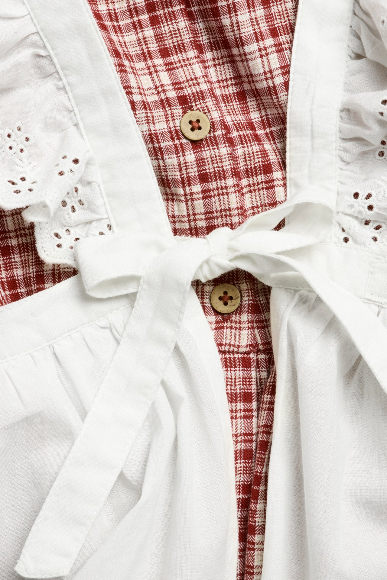 Close-up: White cotton apron with lace, tied over a red checkered dress with wooden buttons.