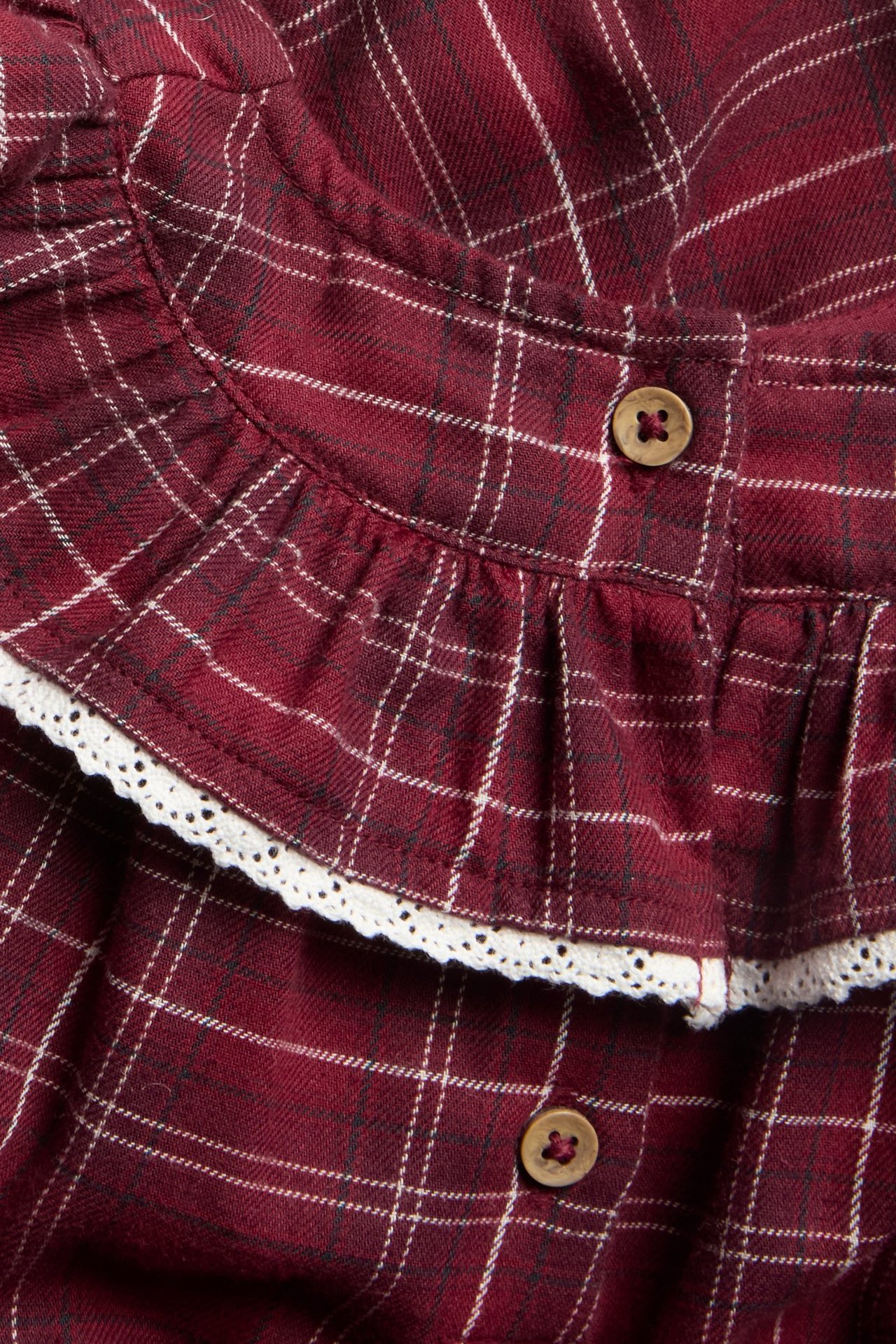 Close-up of a red plaid cotton dress with a rounded ruffle featuring white lace trim and wooden buttons.