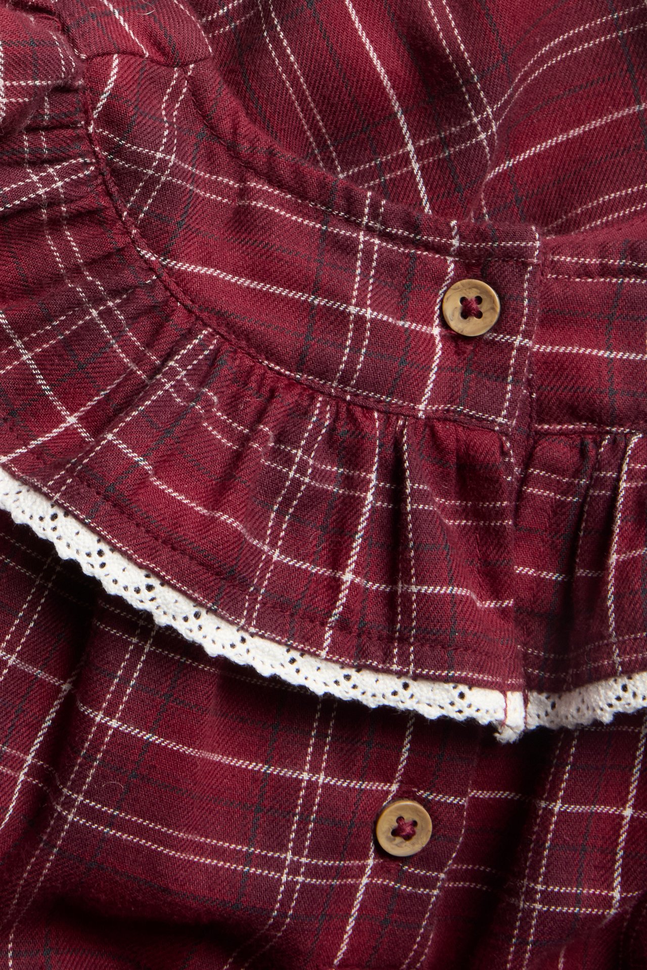 Close-up of a red plaid cotton dress with a rounded ruffle featuring white lace trim and wooden buttons.
