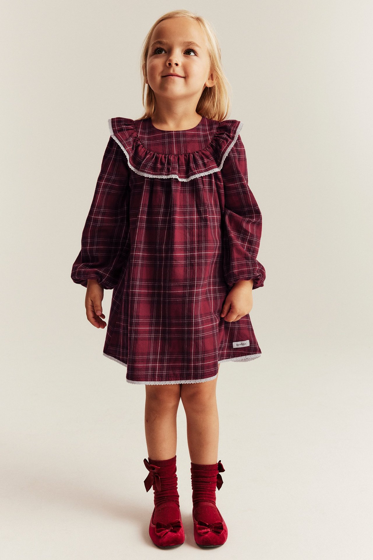 Red checkered Christmas dress for kid, ruffled collar, lace trim, back buttons.