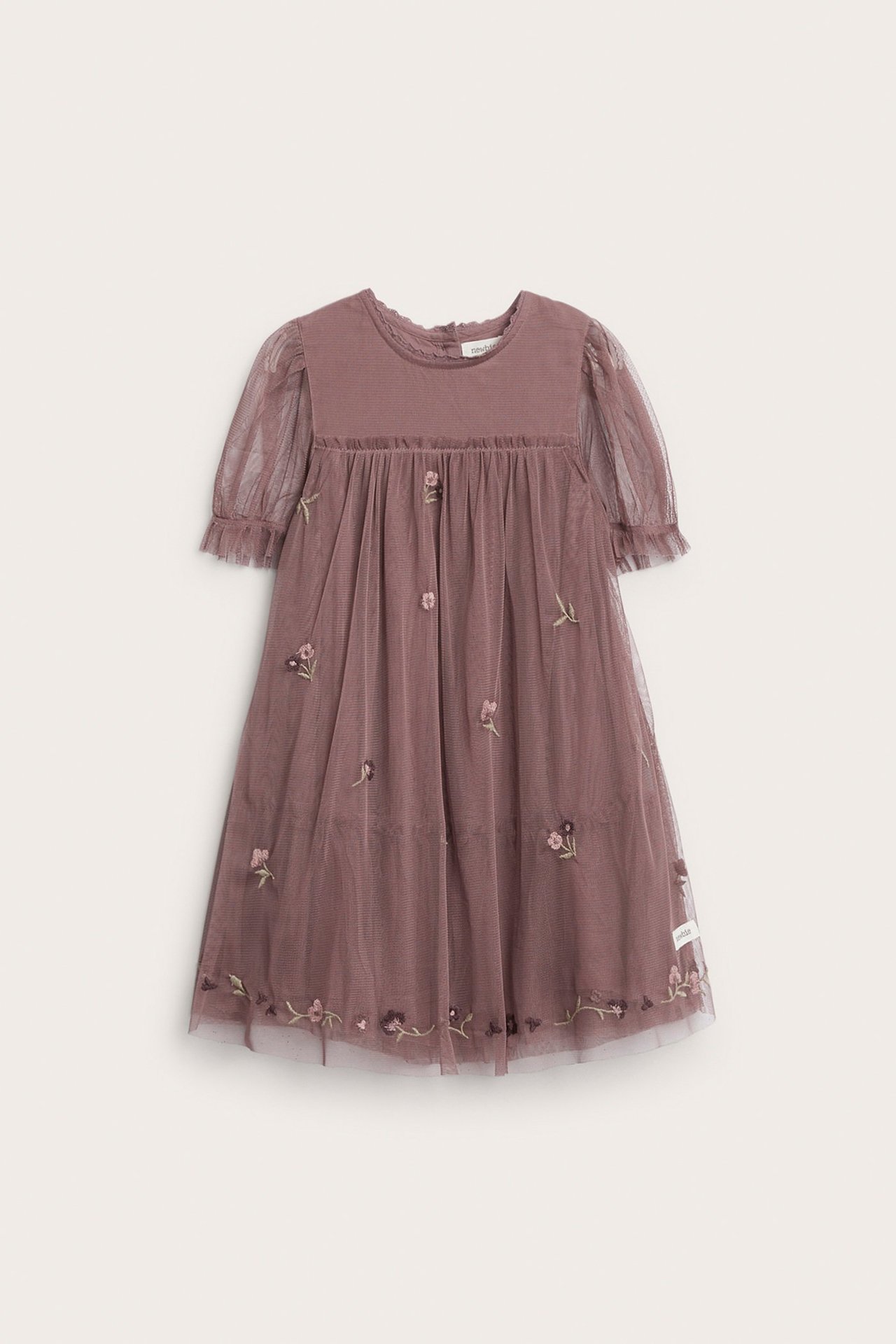 Front view of a dark pink kid's mesh dress with puffed sleeves and delicate floral embroidery.