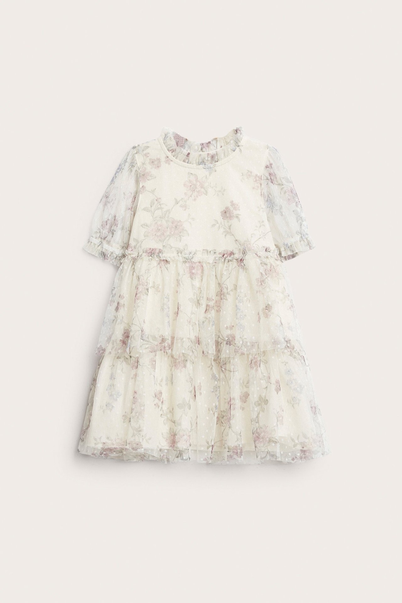 Front view of a light beige kid's floral mesh dress with puff sleeves and a tiered ruffle skirt.