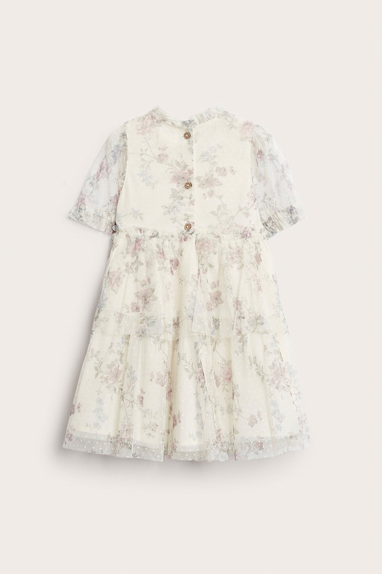 Rückenansicht: Hellbeiges Blumen-Meshkleid für Kinder mit Punktstruktur, Puffärmeln, Stufenrock und Knöpfen hinten.
