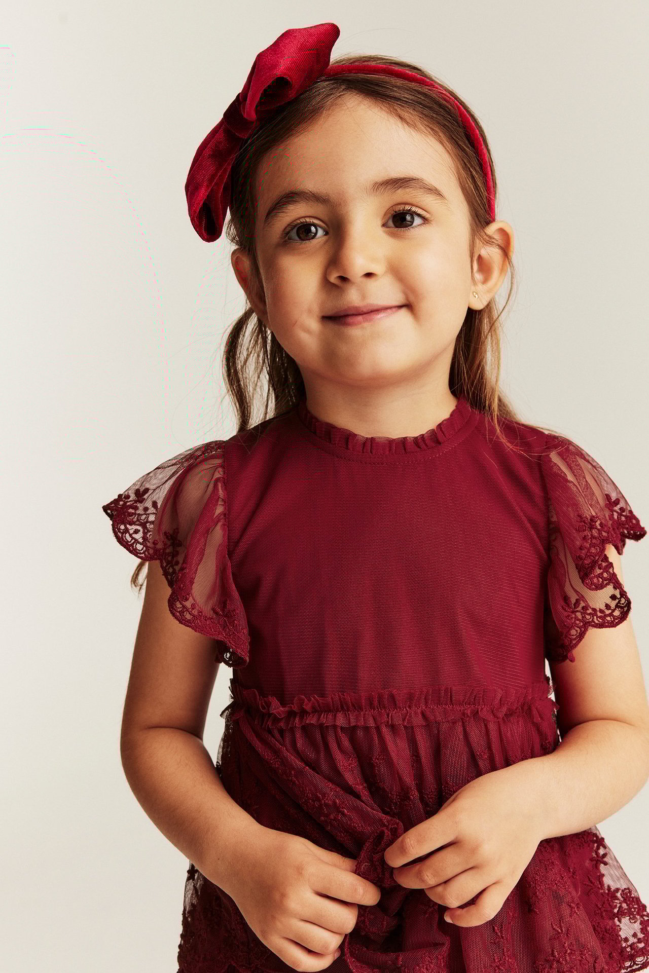Red mesh dress with embroidery, double butterfly sleeves, small collar ruffle, back buttons.