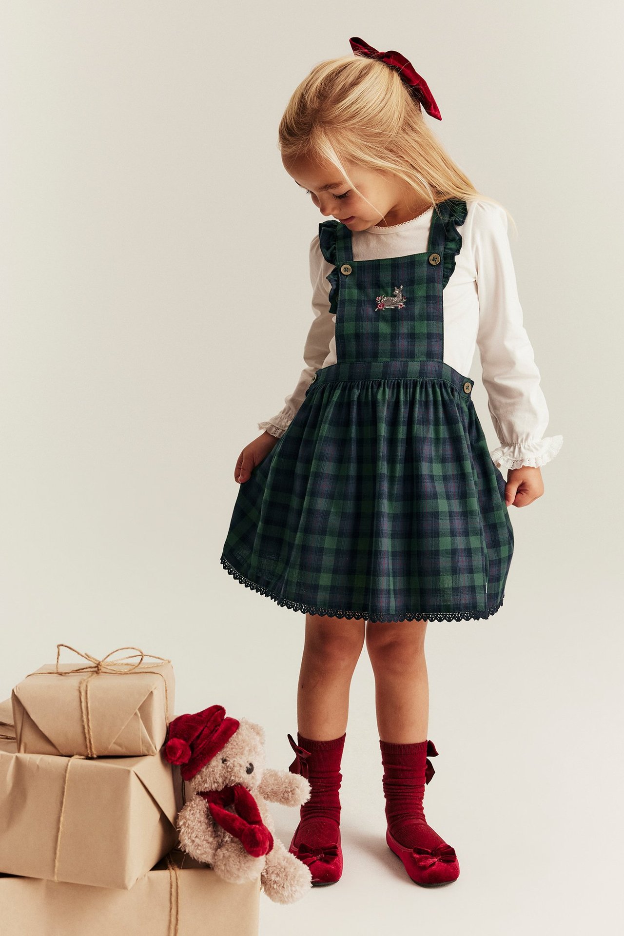 Blue plaid suspender dress with embroidery, buttons, side elastic, lace hem, girl child.
