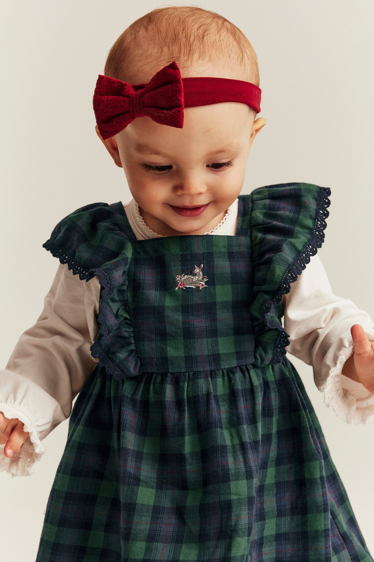 Blue plaid dungaree dress with embroidery, ruffles, back buttons, over a cream blouse.