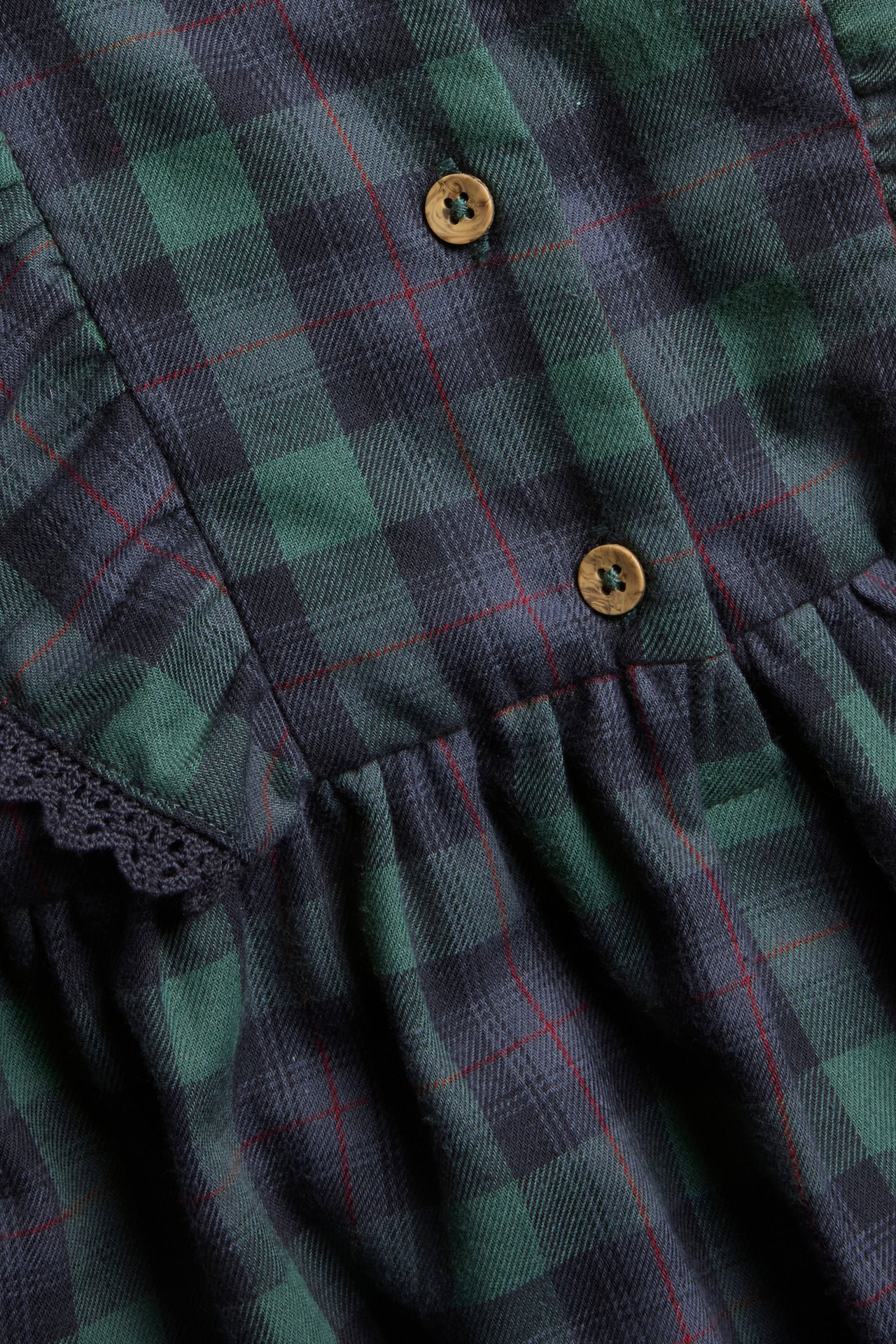 Close-up of a blue and green plaid pinafore dress with wooden buttons and dark blue lace trim.